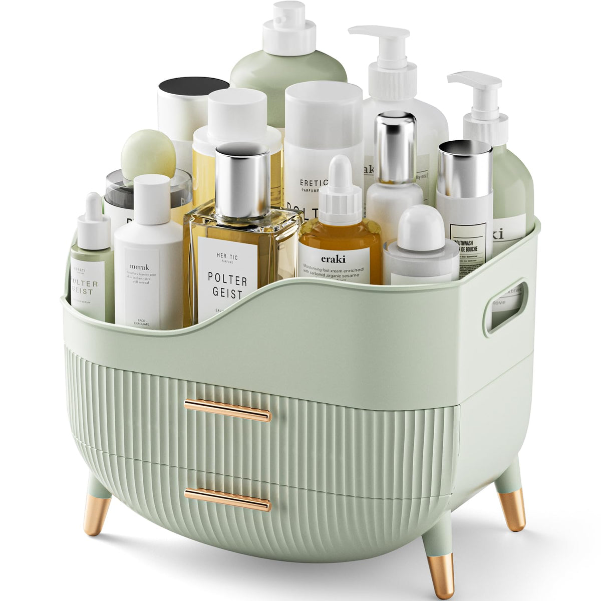 Pajiriona makeup organizer with top compartment keeps tall bottles neatly displayed for quick access.