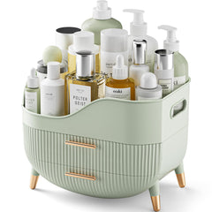 Pajiriona makeup organizer with top compartment keeps tall bottles neatly displayed for quick access.