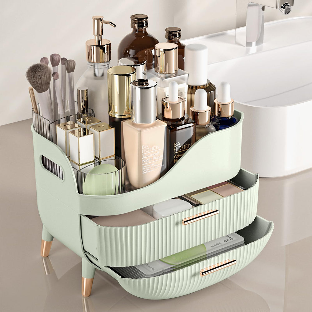 Pajiriona makeup organizer drawers open showing storage capacity for foundations and lipsticks.