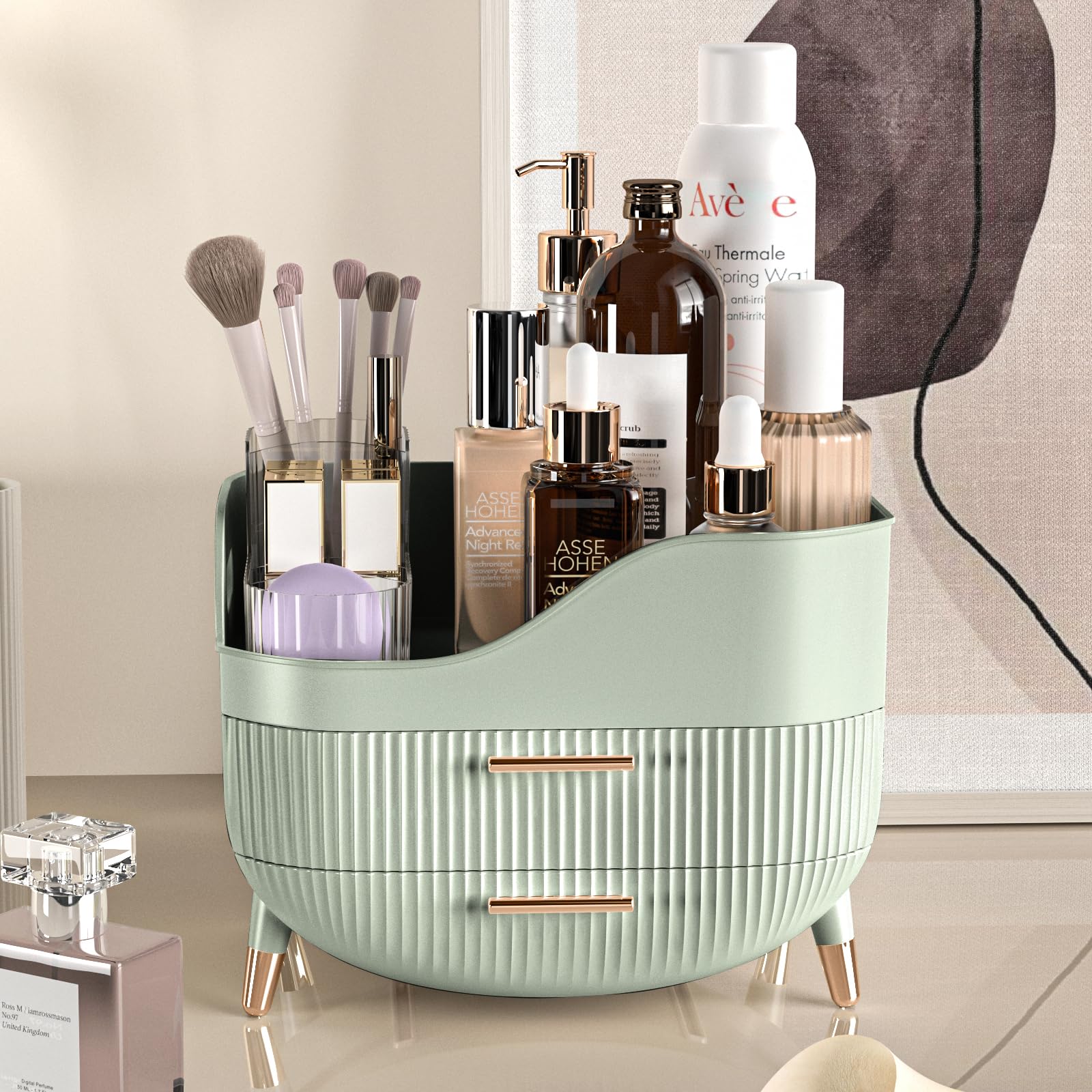 Pajiriona vanity display case organized on dresser or bathroom counter.