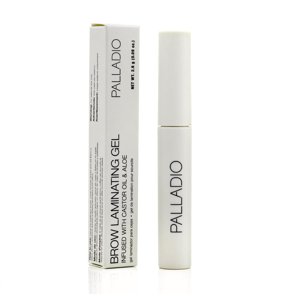 Palladio Brow Laminating Gel with aloe leaf indicating soothing hydration.