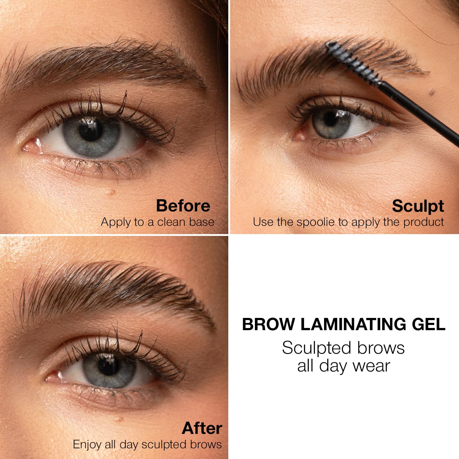 Palladio brow spoolie applying gel for precise, fluffy-to-sculpted brow definition.