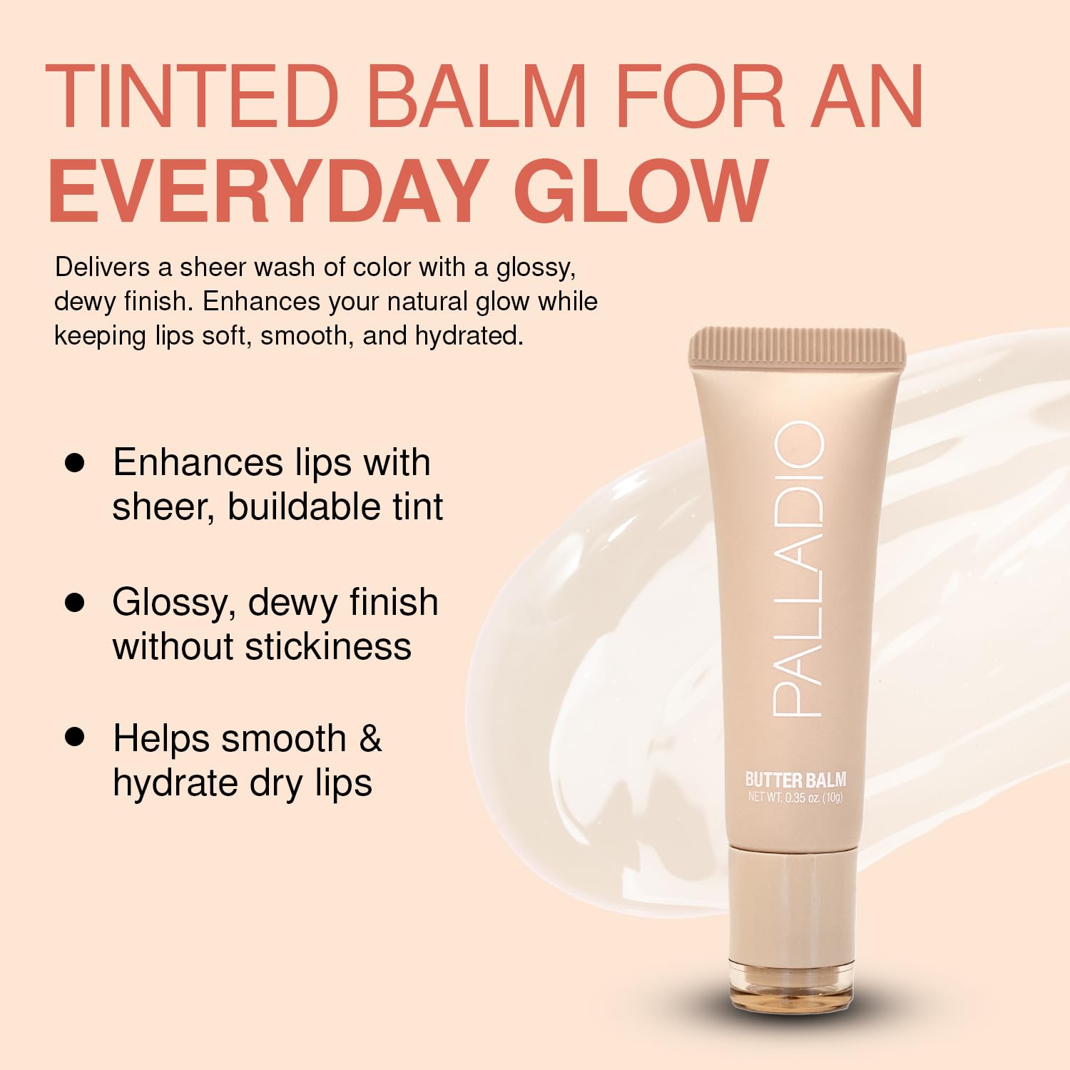 Palladio Butter Balm sheer tint close-up highlighting natural color hydration