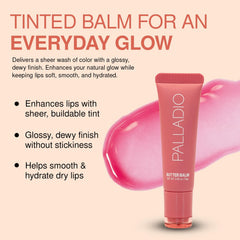 Palladio Butter Balm sheer tint swatch shows natural color and glossy finish