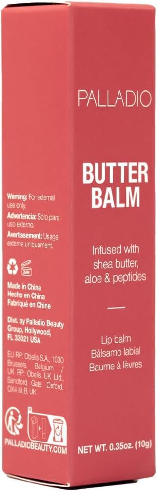 Palladio Butter Balm vegan formulation badge indicates plant-based lip care