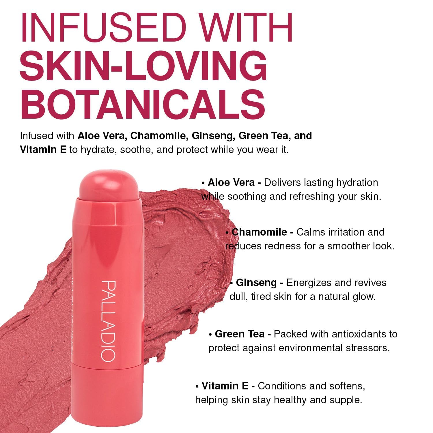 Palladio I'm Blushing 2-in-1 tint swatch on cheeks delivers a subtle, radiant glow.