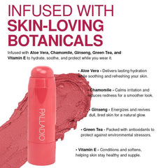 Palladio I'm Blushing 2-in-1 tint swatch on cheeks delivers a subtle, radiant glow.