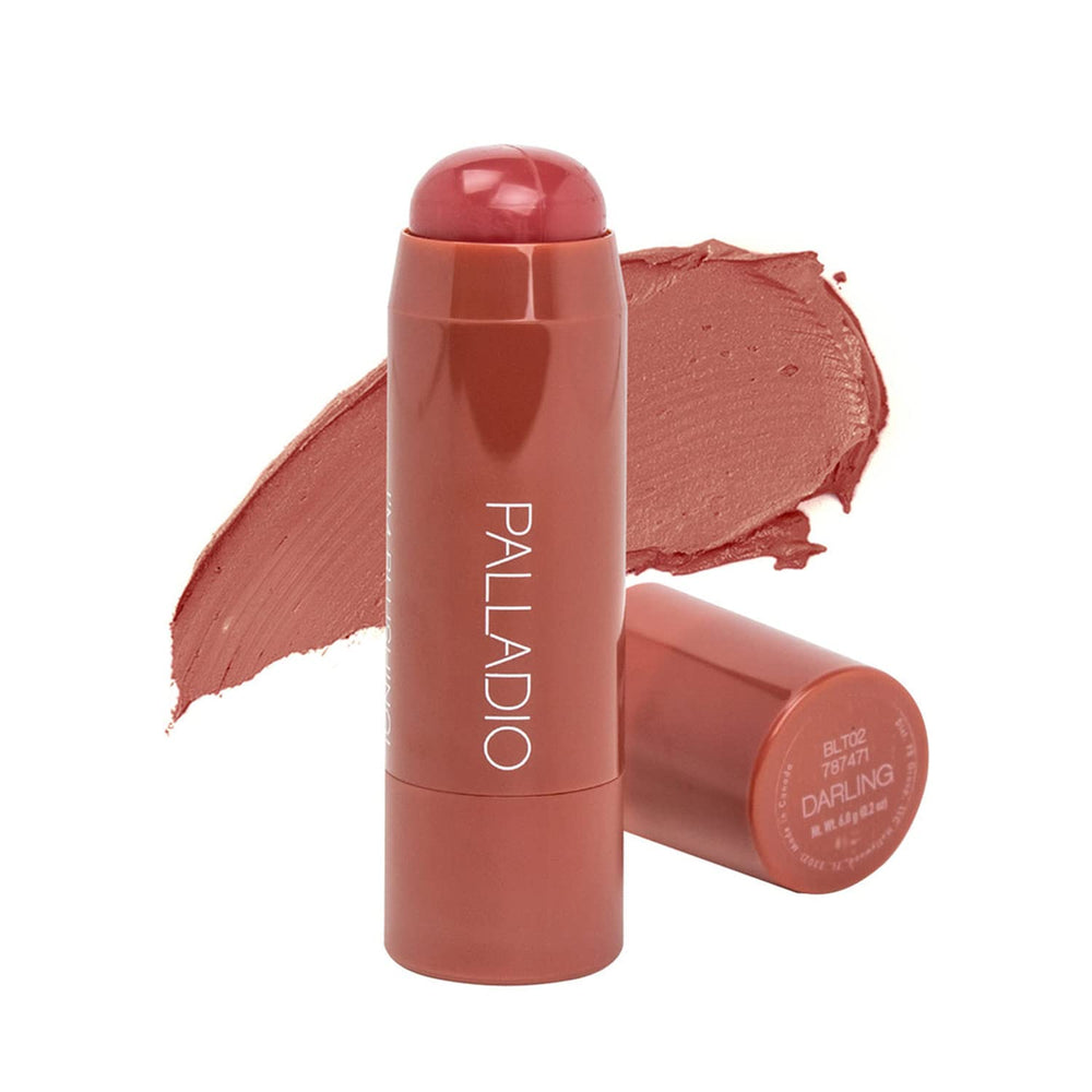 Palladio I'm Blushing 2-in-1 tint Darling swatch on cheeks and lips.