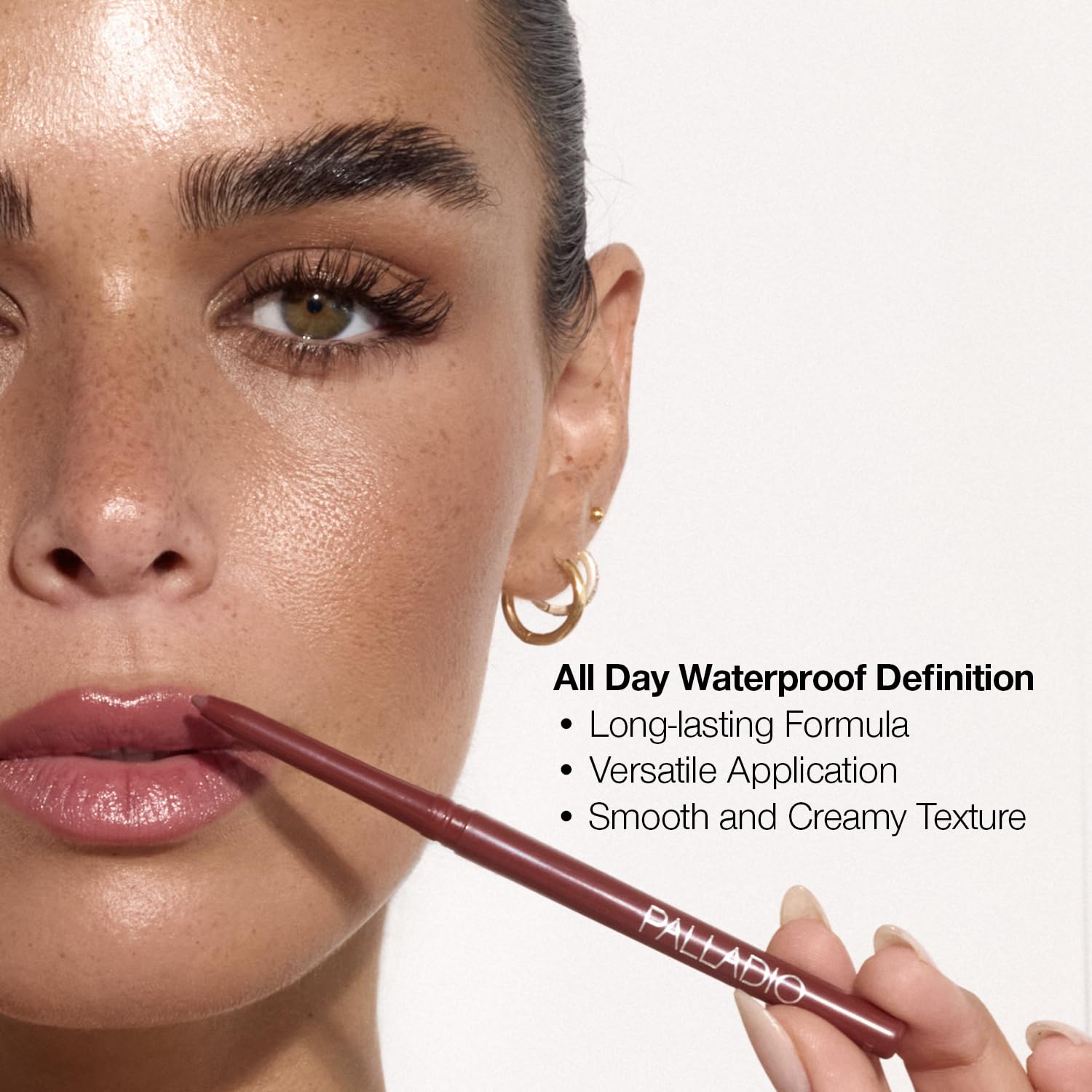 Palladio clean beauty lip liner emphasizes cruelty-free, gluten-free, paraben-free formulation.