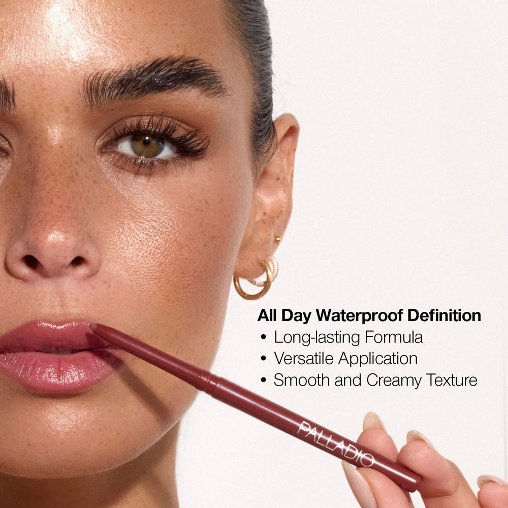 Palladio clean beauty lip liner emphasizes cruelty-free, gluten-free, paraben-free formulation.