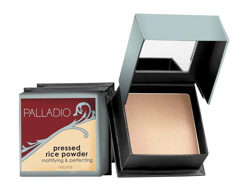 Palladio Polvo Arroz Prensado Natural, compacto para retoques y control de grasa.