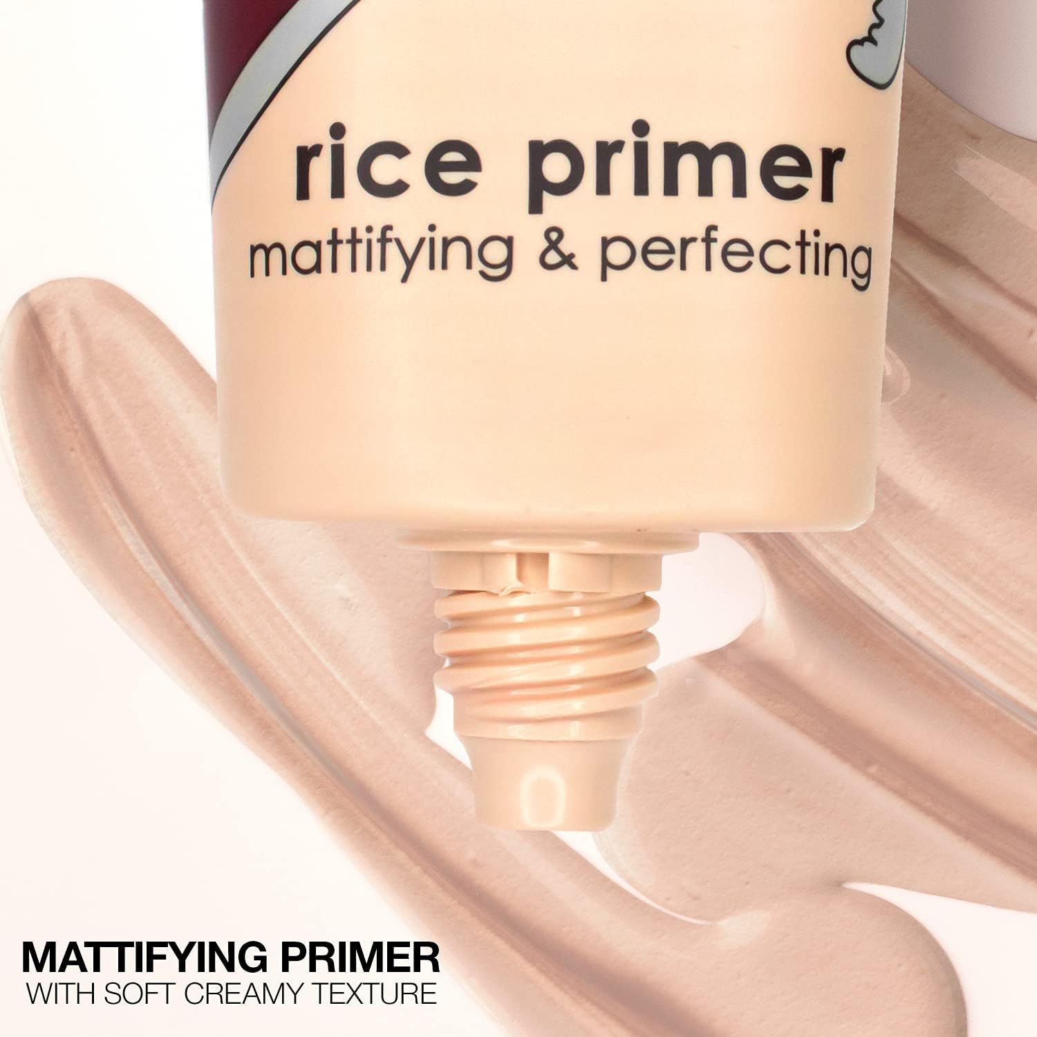 Palladio Rice Primer application closeup shows fingertip smoothing on shine-prone skin.