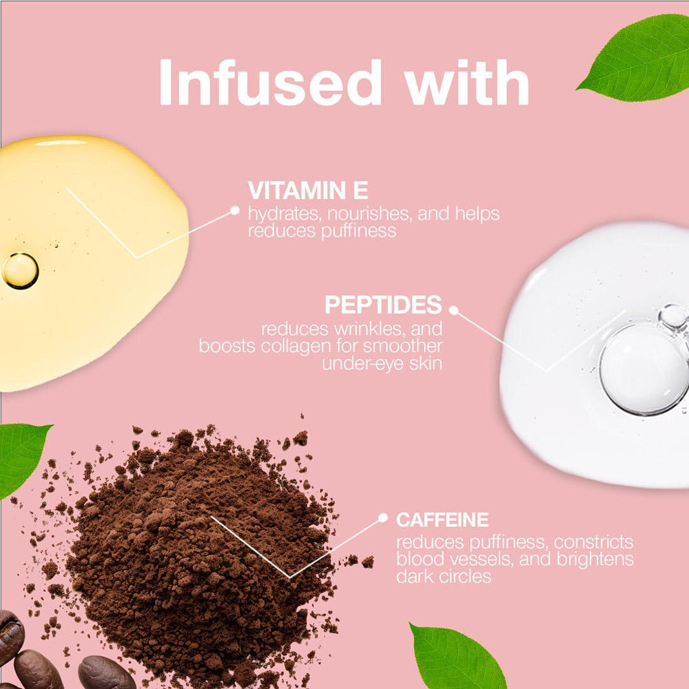 Palladio Under Eye Brightener caffeine-peptides-Vitamin E bottle closeup highlights nourishing formula.