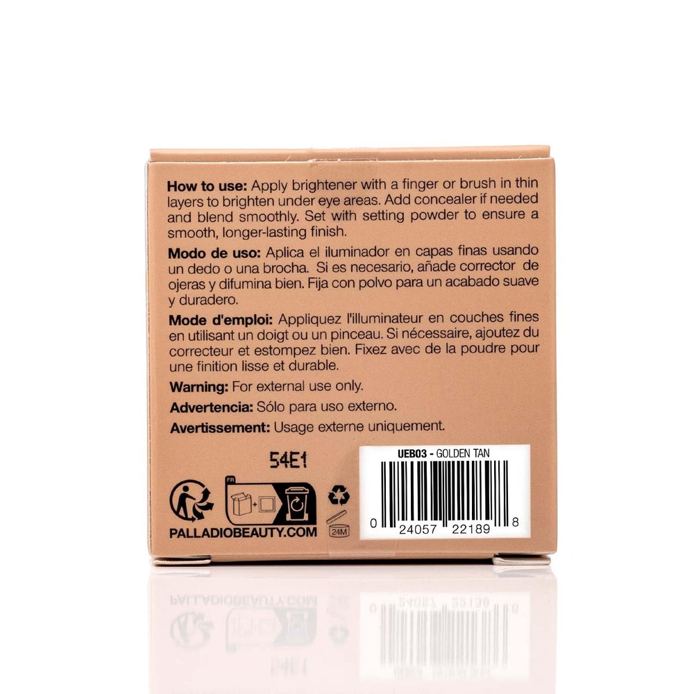 Palladio Under Eye Brightener packaging shows cruelty-free Leaping Bunny seal.