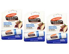Palmer's Cocoa Butter lip balm 3-pack, smooth application for long-lasting moisture and SPF 15 protection.