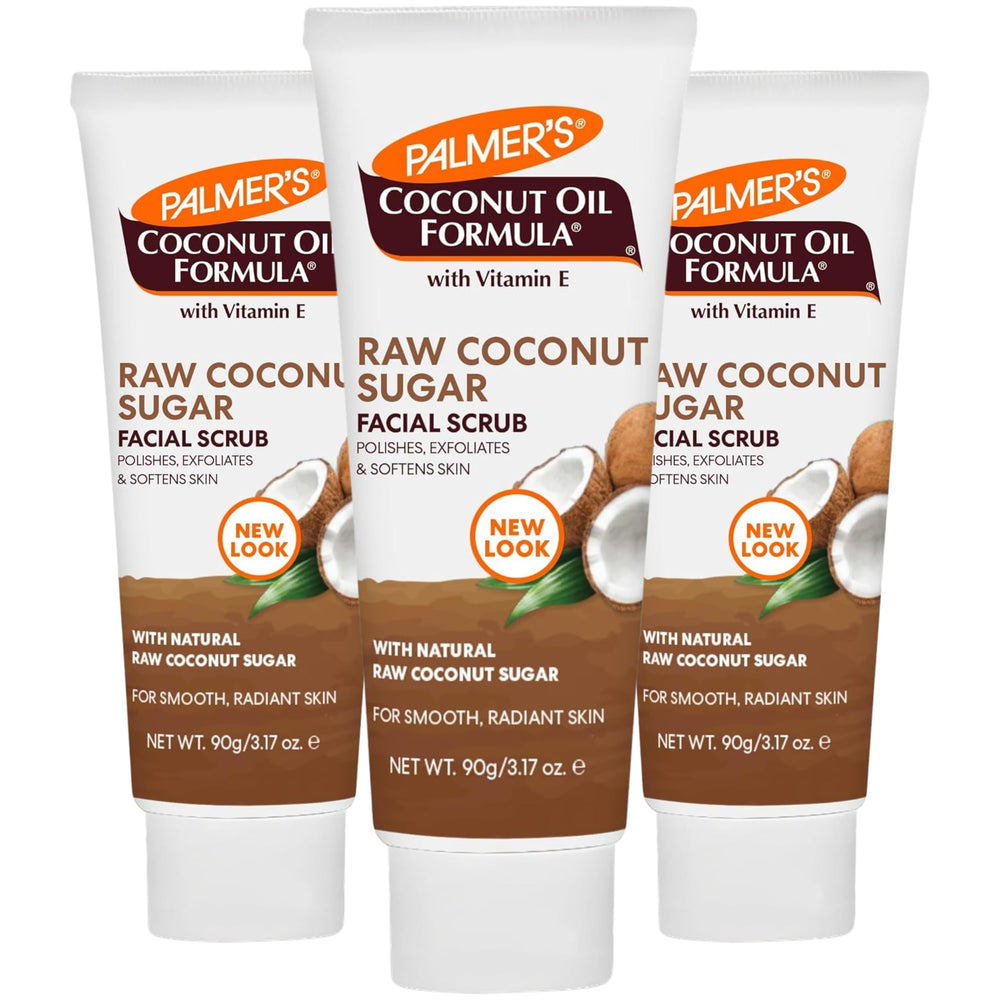 Palmer's Coconut Sugar Facial Scrub packaging tub highlights clean, plant-based exfoliation.