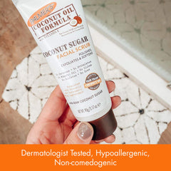 Palmer's Coconut Sugar Facial Scrub tub label emphasizes hydrating ingredients.