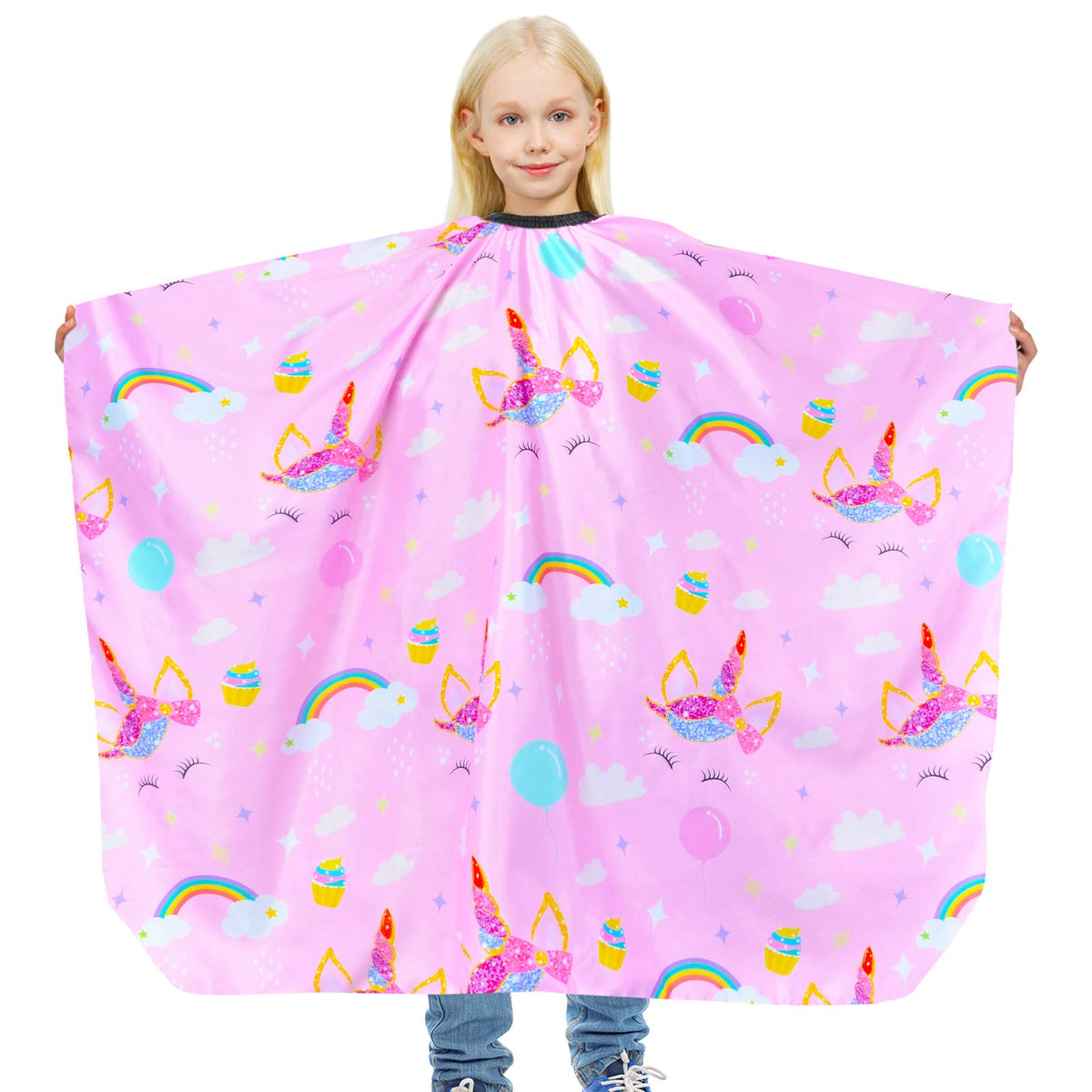 PAMAID Unicorn haircut cape, full view showing full-coverage design for kids.