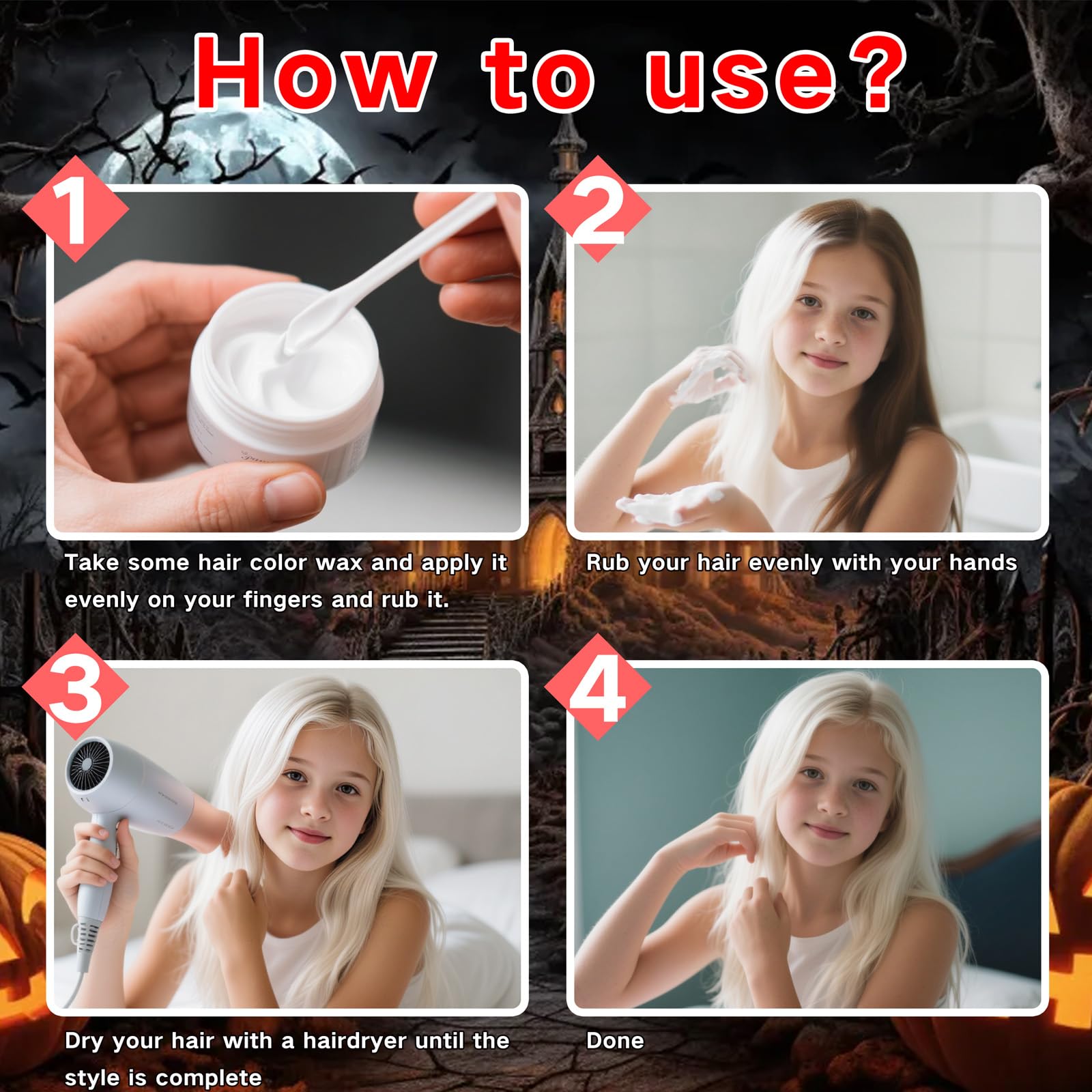 Paminify ghostly-white hair Halloween look enhances cosplay with non-permanent color you can wash out.