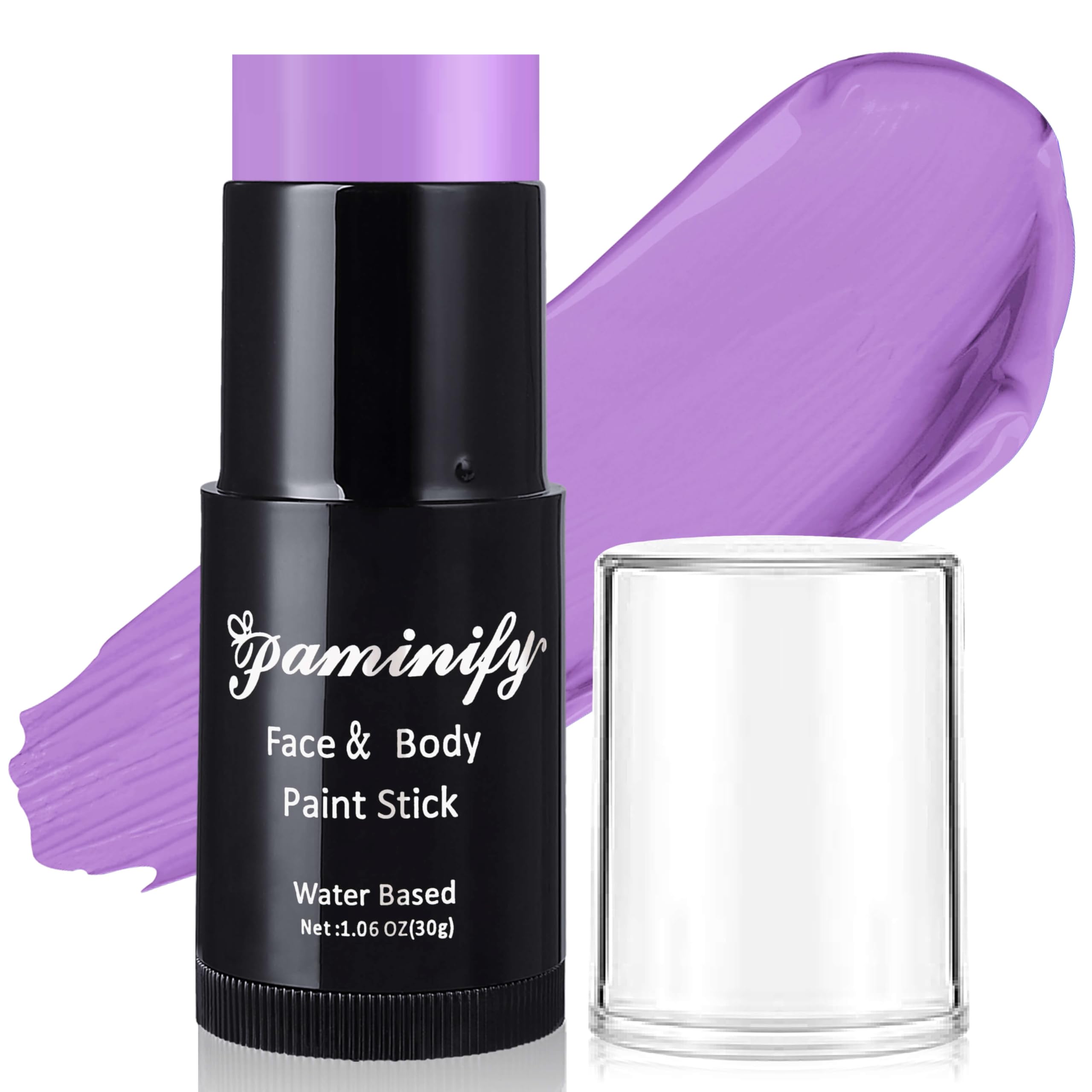 Paminify light-purple face paint stick packaging showcases easy-to-use design for on-the-go makeup.
