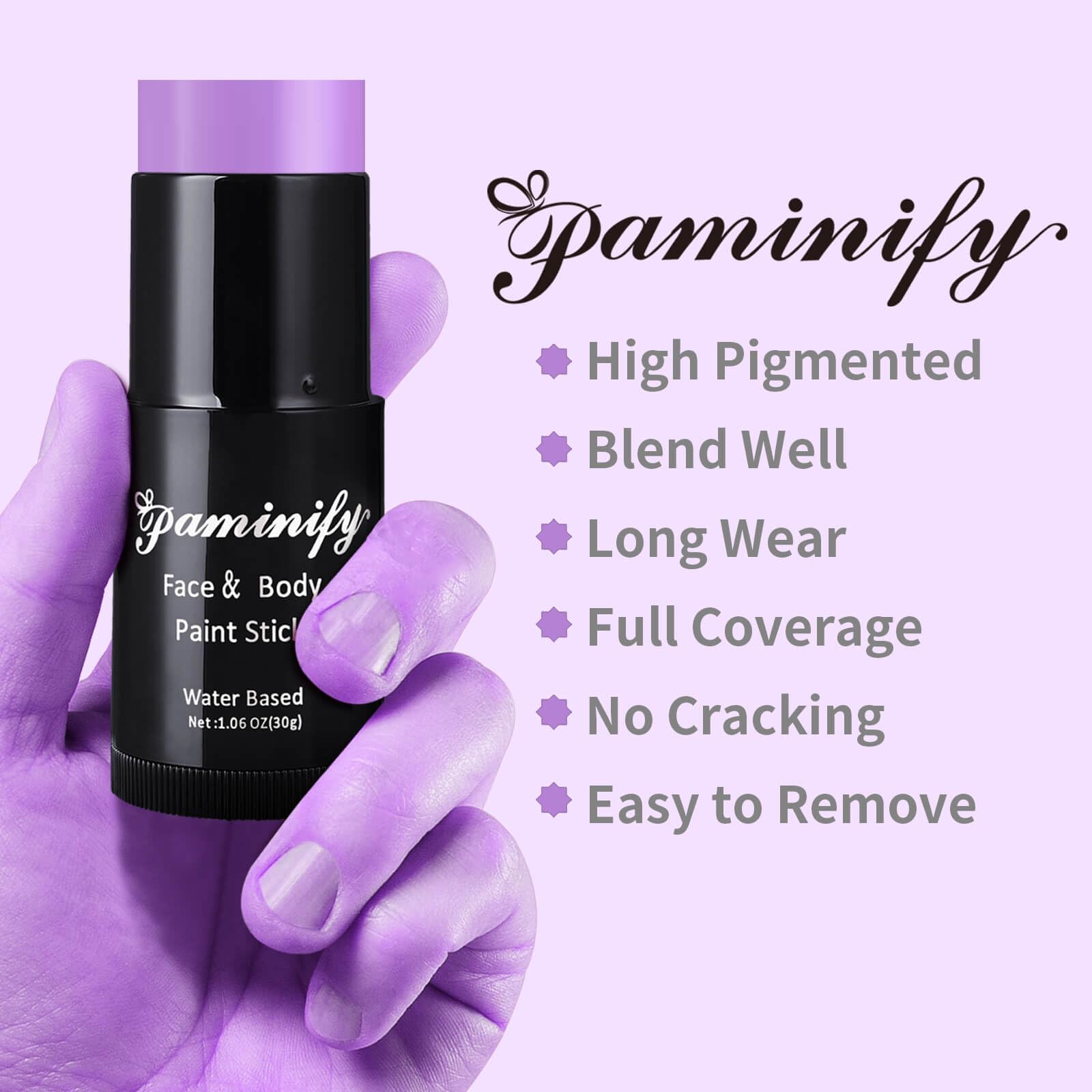 Paminify light-purple face paint stick swatch on skin demonstrates vibrant, blendable color payoff.