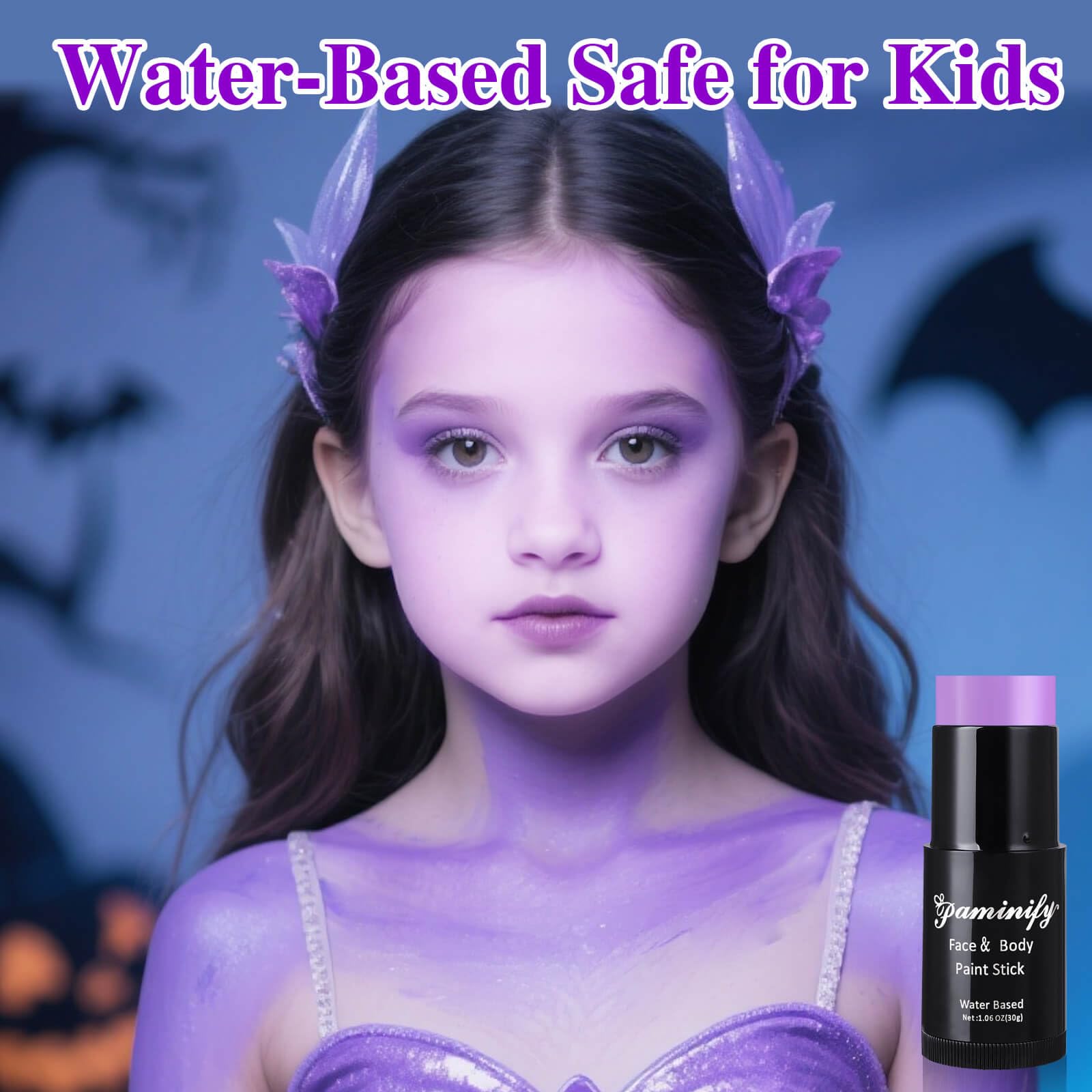 Paminify light-purple face paint stick water-based formula dries fast and locks with powder.