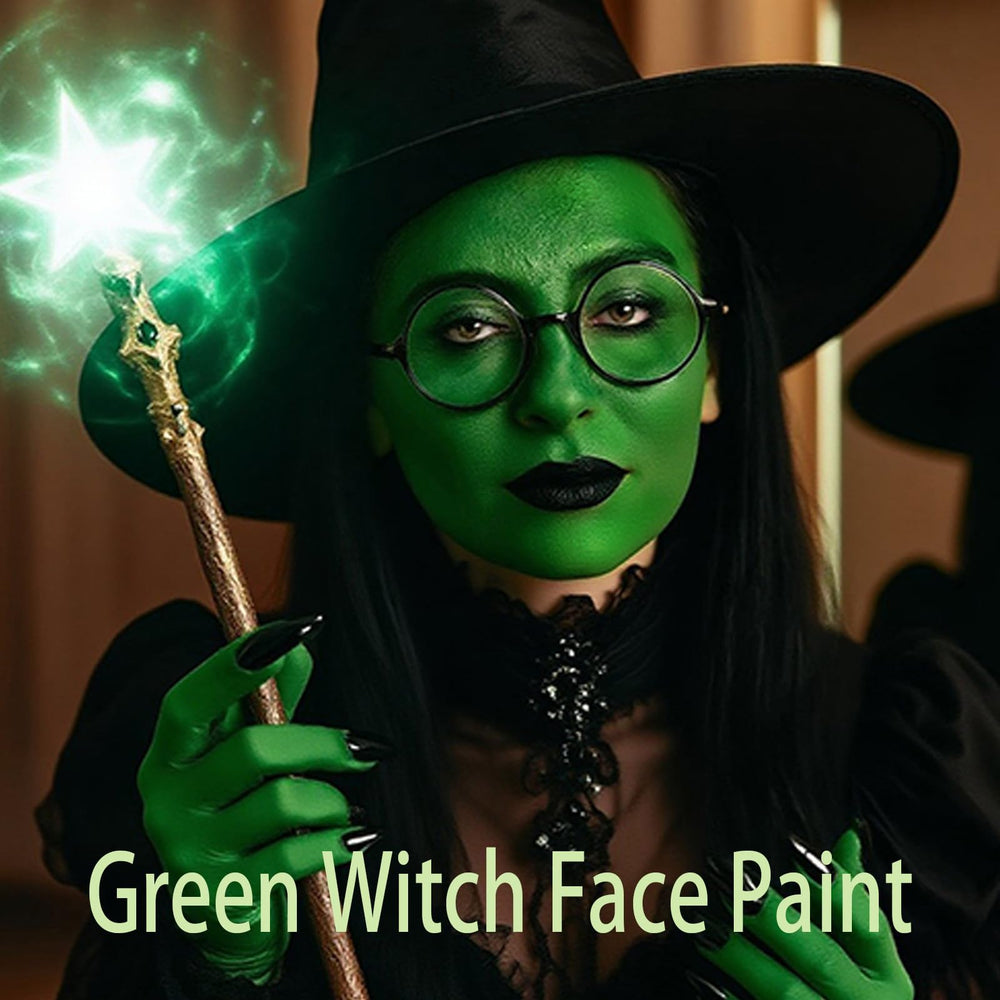 Paminify Witch Green Face Paint Stick applied on skin for bold cosplay looks.