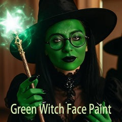 Paminify Witch Green Face Paint Stick applied on skin for bold cosplay looks.