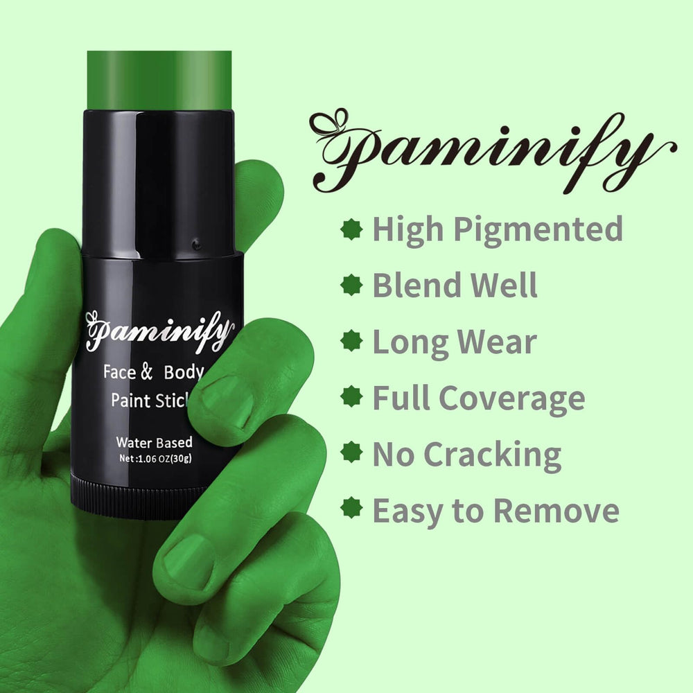 Paminify Witch Green Face Paint Stick twist-to-use demonstrates easy application.