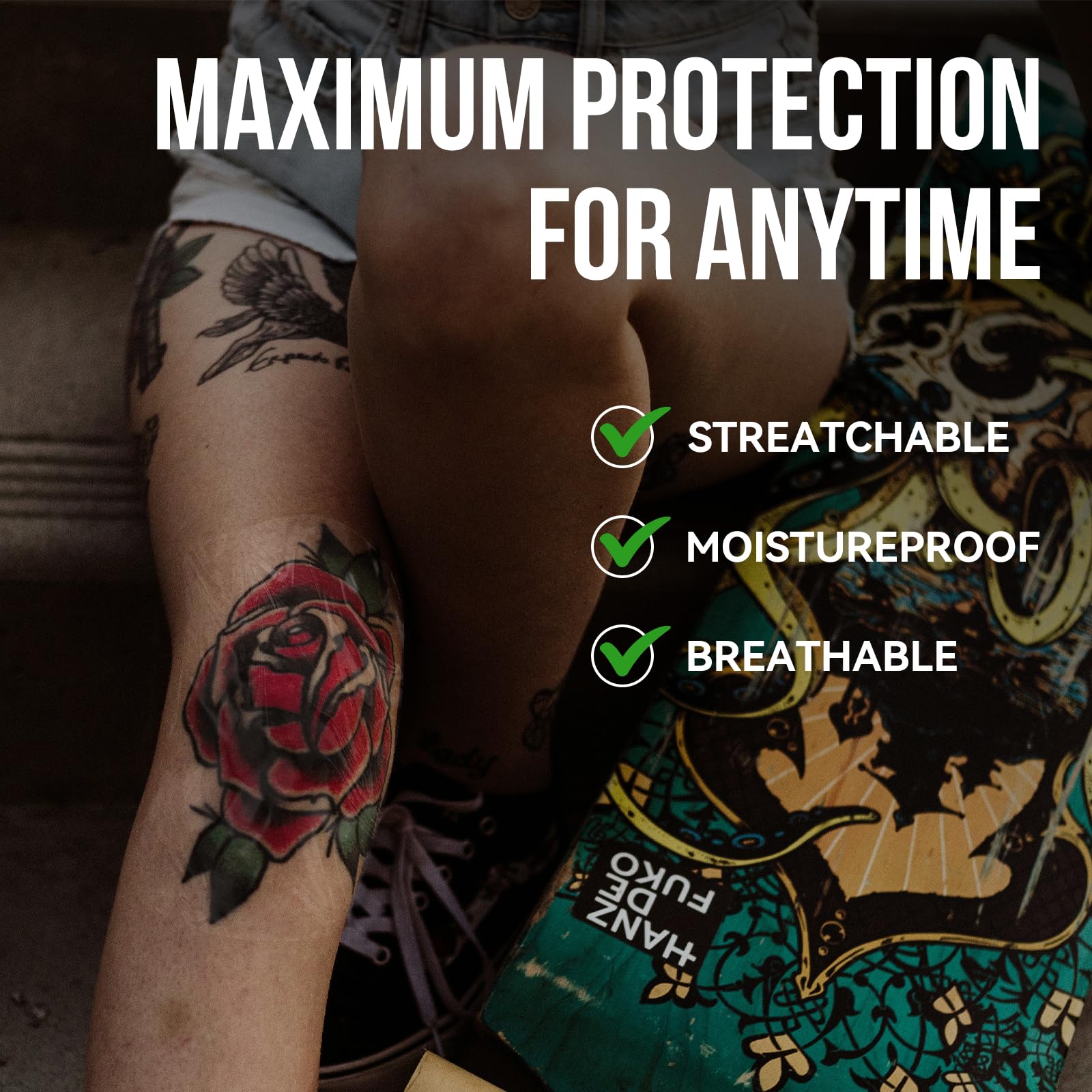 Pamiou waterproof tattoo bandage applied on skin during shower