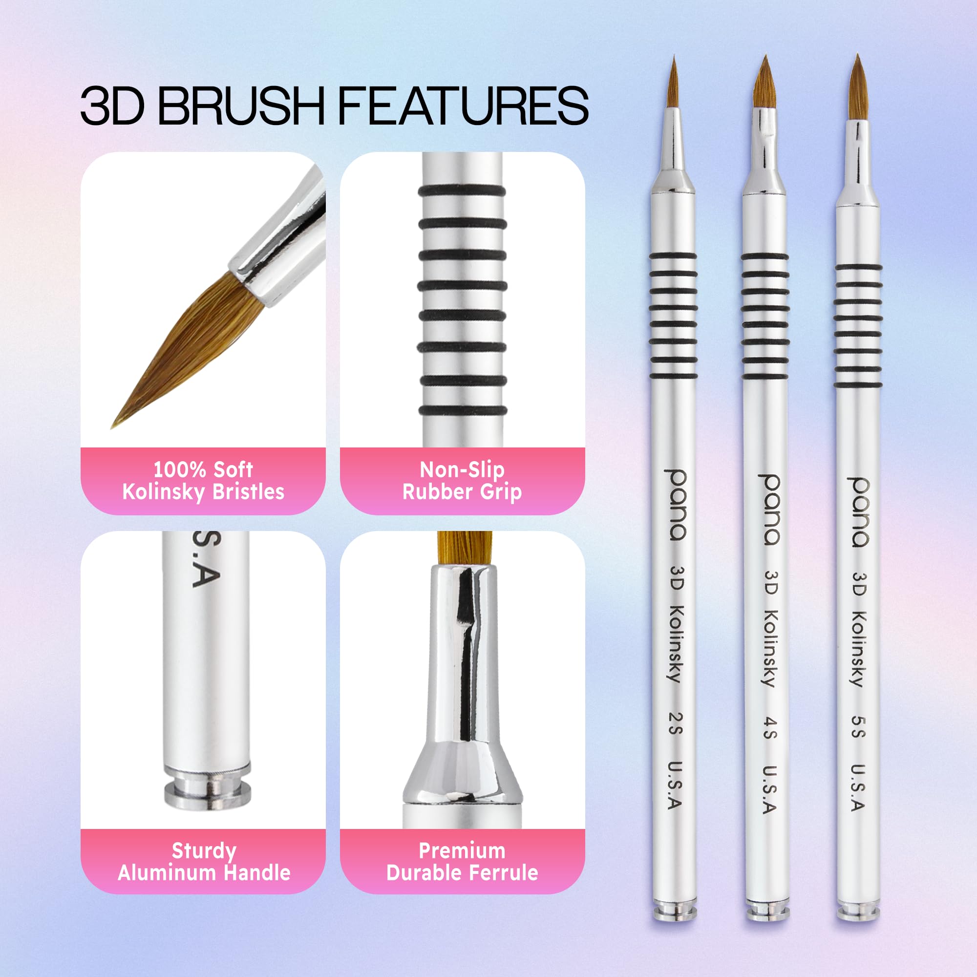 PANA 3D Kolinsky acrylic brush cap close-up shows sturdy metal cap and durability.