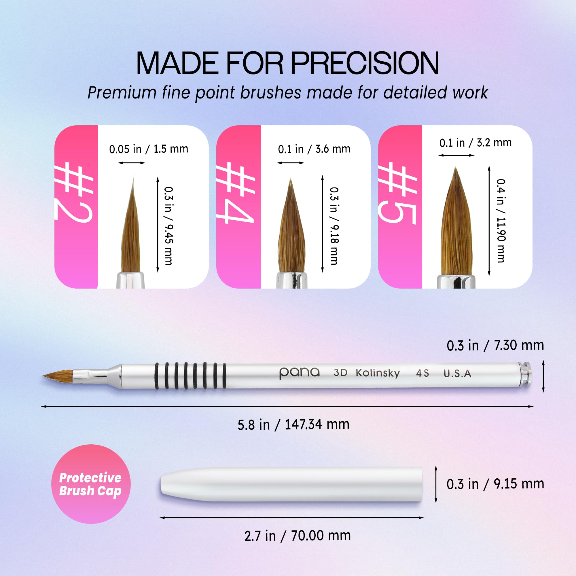 PANA 3D Kolinsky acrylic brush tip close-up highlights the fine 0.3 inch tip for delicate shading.