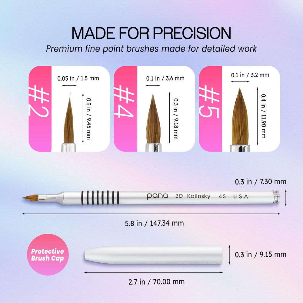 PANA 3D Kolinsky acrylic brush tip close-up highlights the fine 0.3 inch tip for delicate shading.