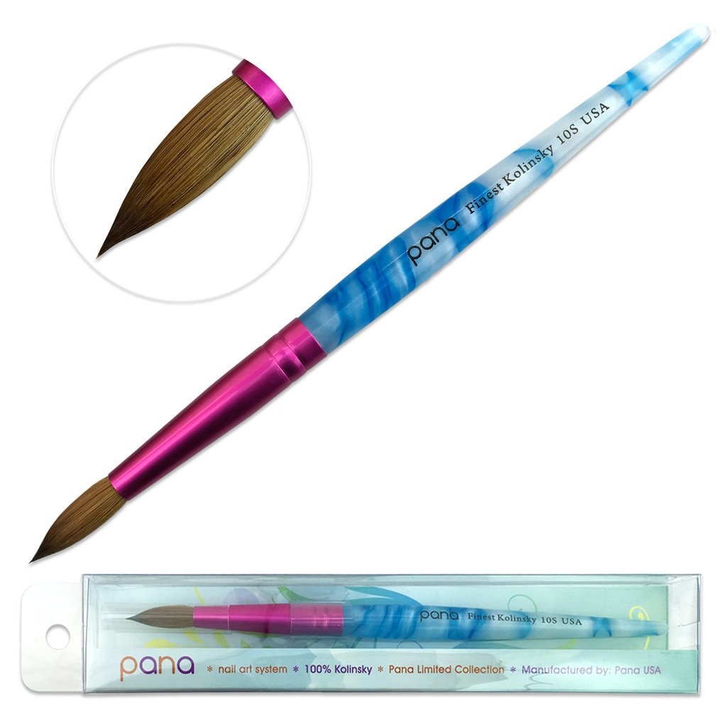 PANA nail brush with pure Kolinsky hair and round white-blue swirl handle for precise acrylic application.