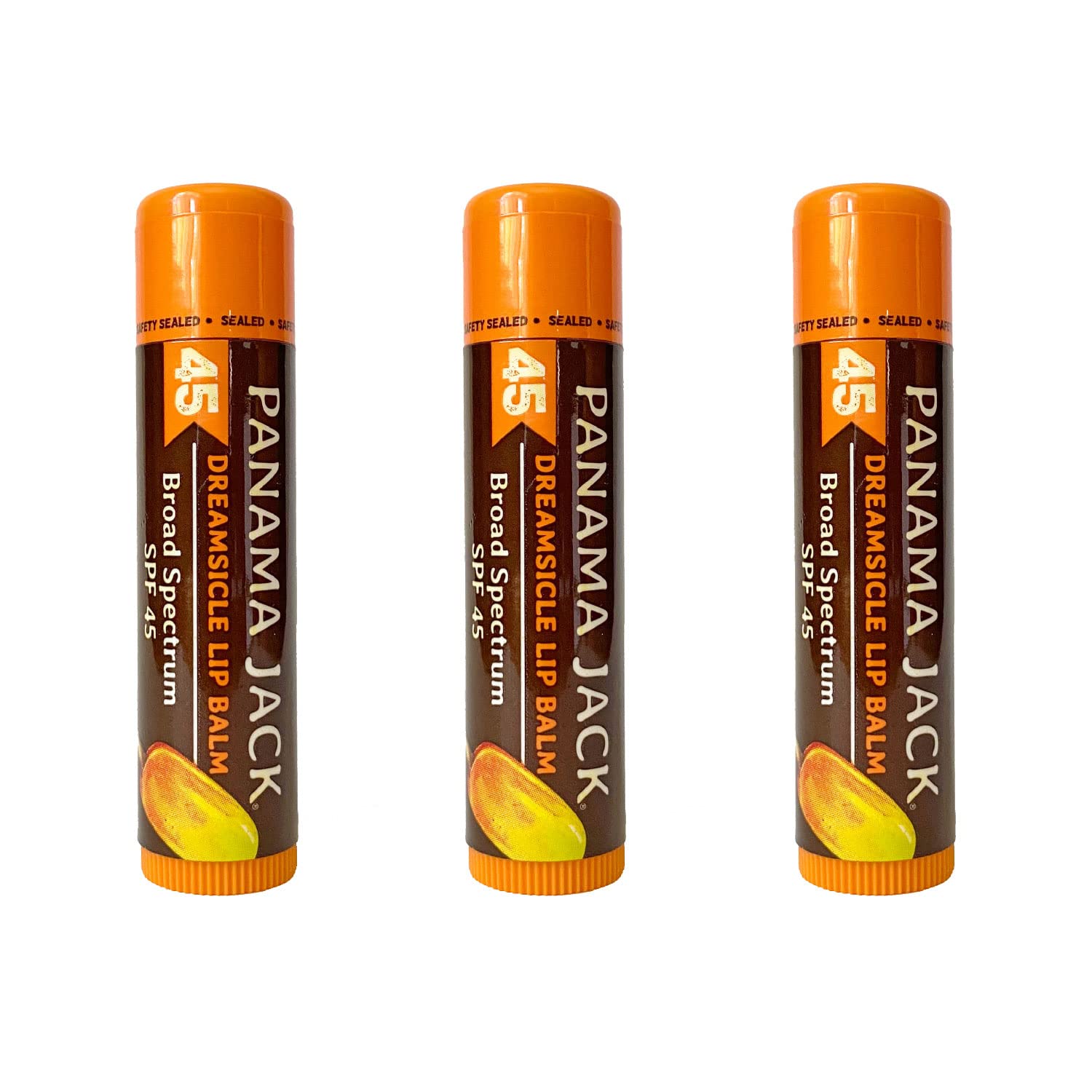 Panama Jack Sunscreen Lip Balm Dreamsicle packaging highlights SPF 45 protection for daily lips.
