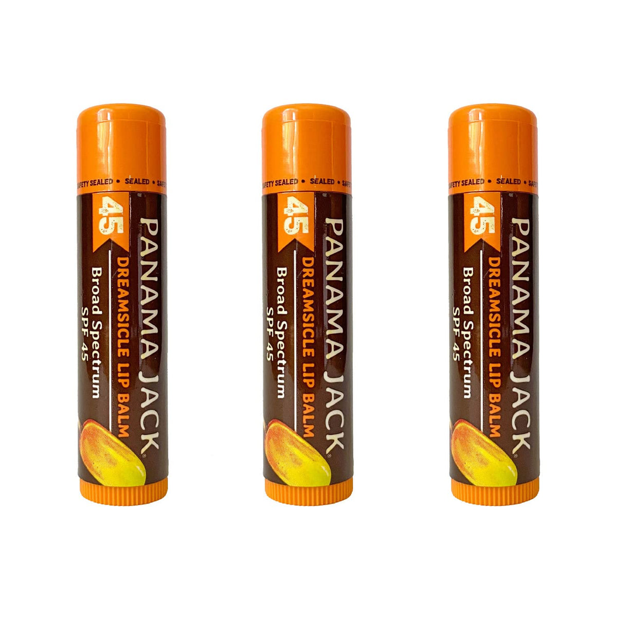 Panama Jack Sunscreen Lip Balm Dreamsicle packaging highlights SPF 45 protection for daily lips.