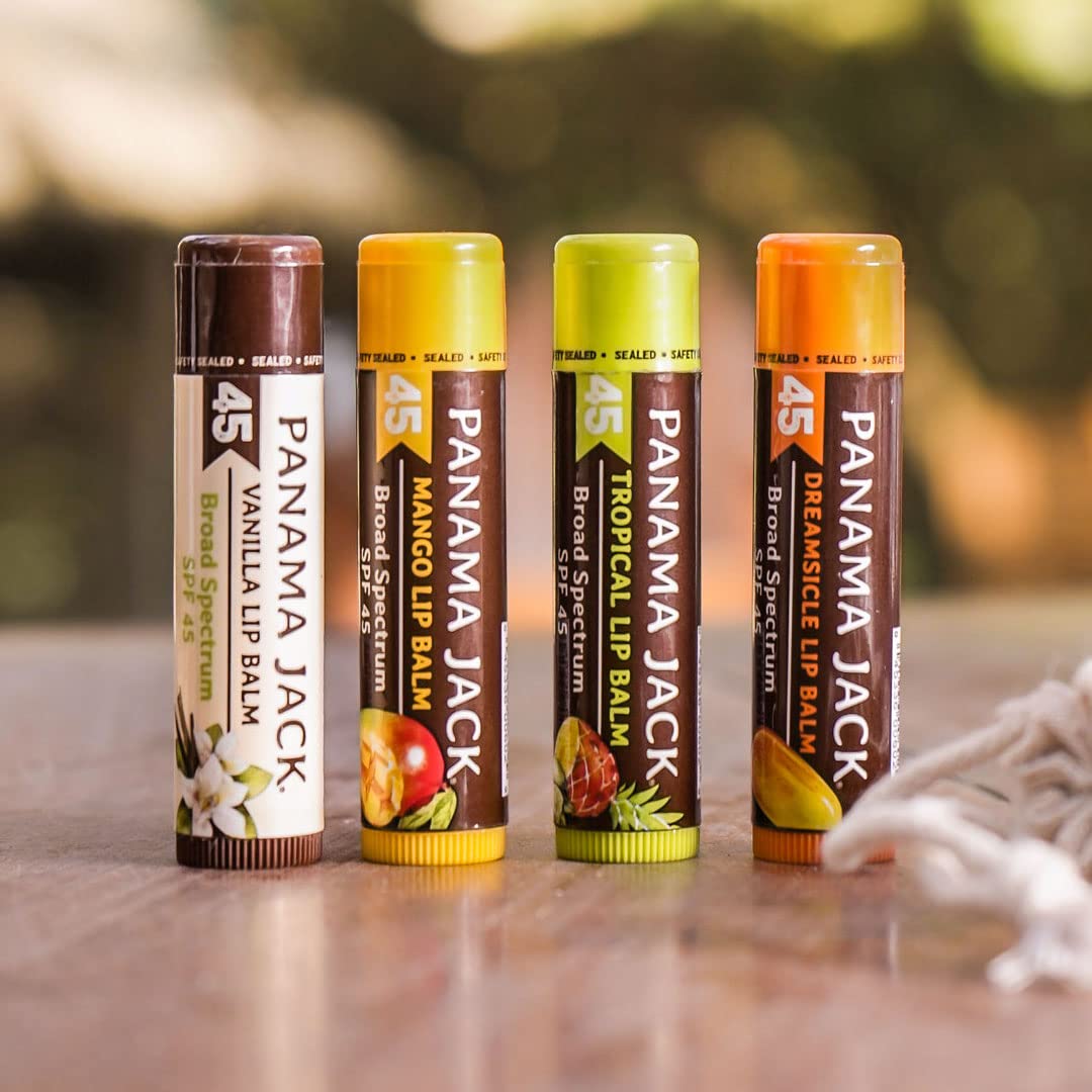 Panama Jack Sunscreen Lip Balm packaging displays four flavors for outdoor-ready lips.
