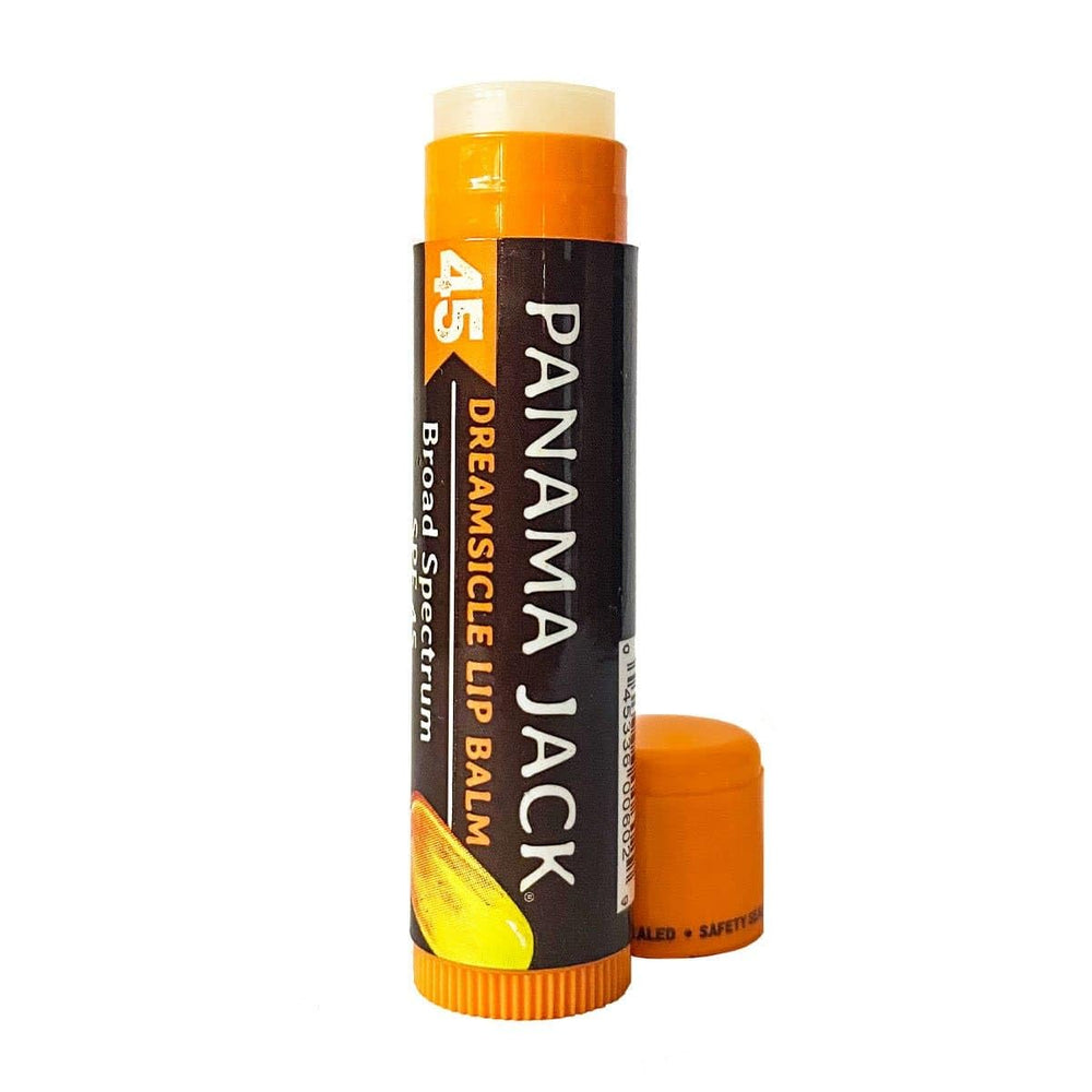 Panama Jack SPF 45 lip balm tube with adjustable knob for easy reapplication.