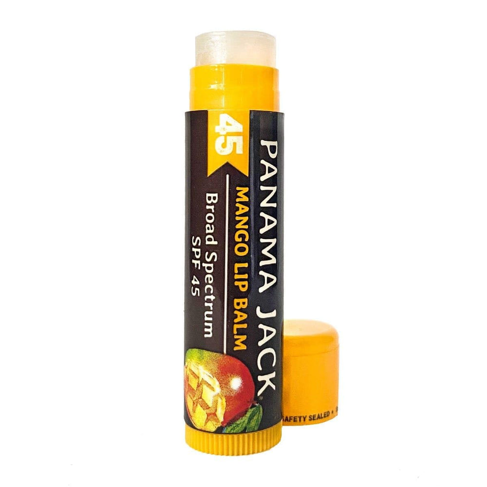 Panama Jack lip balm on lips showing SPF 45 protection during sun exposure.