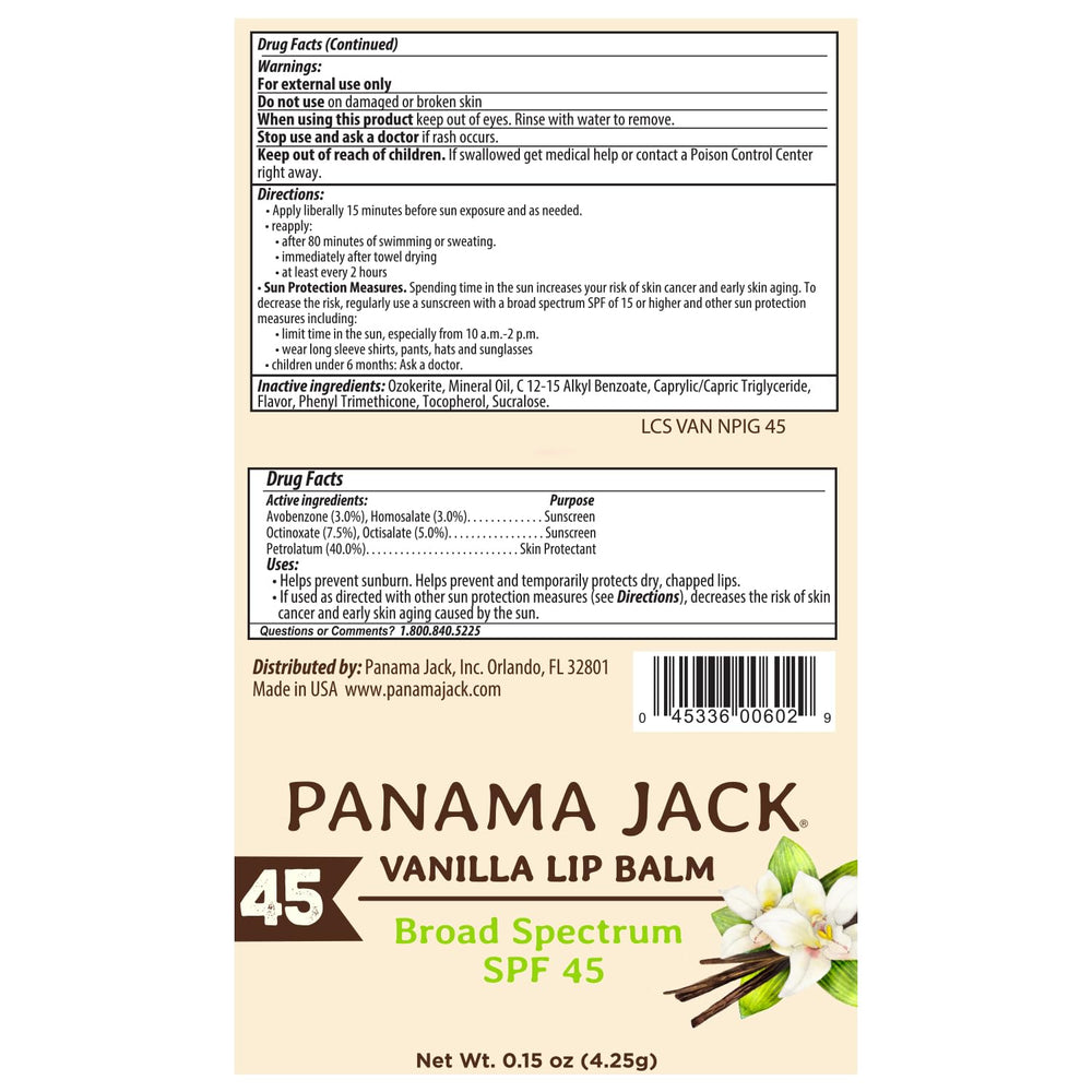 Panama Jack Sunscreen Lip Balm Tropical flavor provides SPF 45 and tropical moisture.