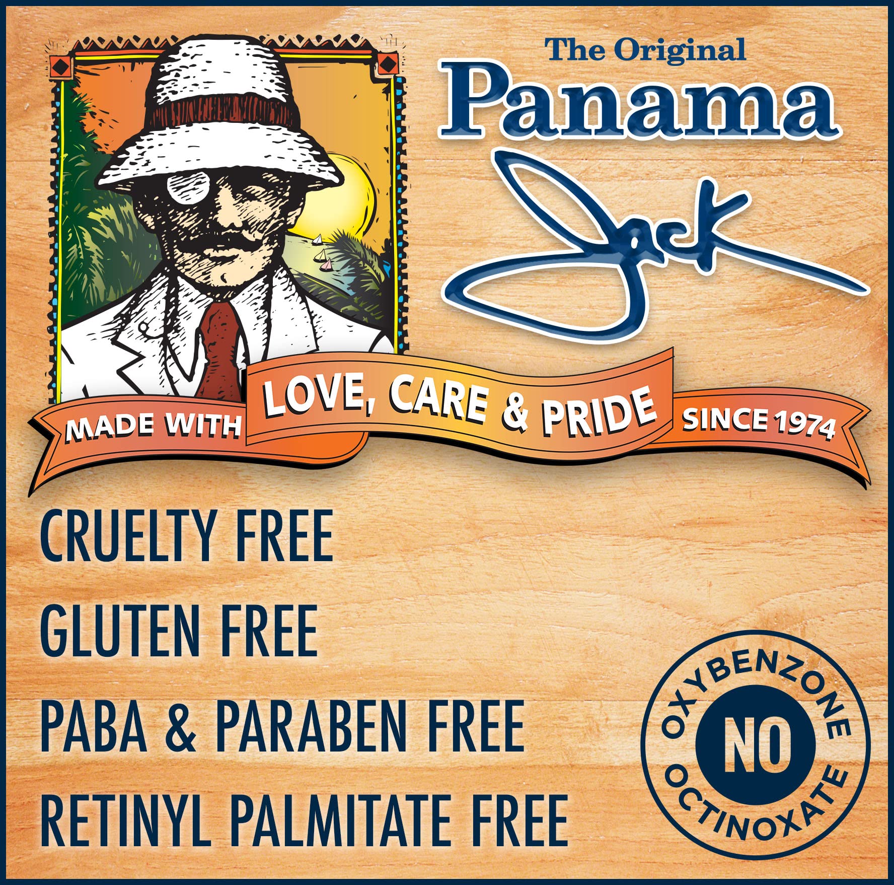Panama Jack SPF4 label highlights minimal sunscreen and eco-friendly formula