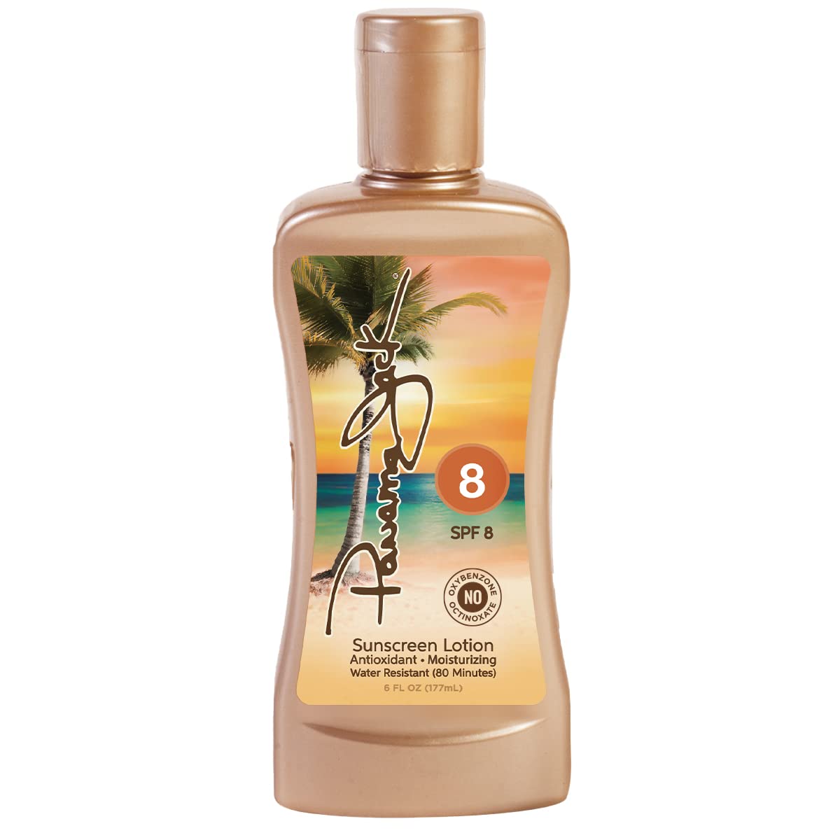 Panama Jack Sunscreen Tanning Lotion SPF 8 bottle front, easy-to-grip for quick tanning prep
