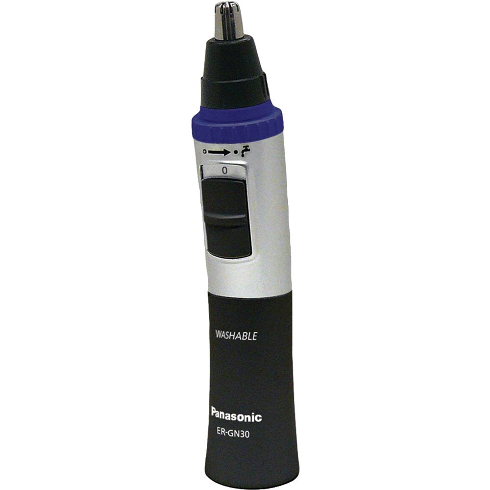 Panasonic ER-GN30-K nose hair trimmer visual highlighting cordless, wet/dry use for quick grooming.