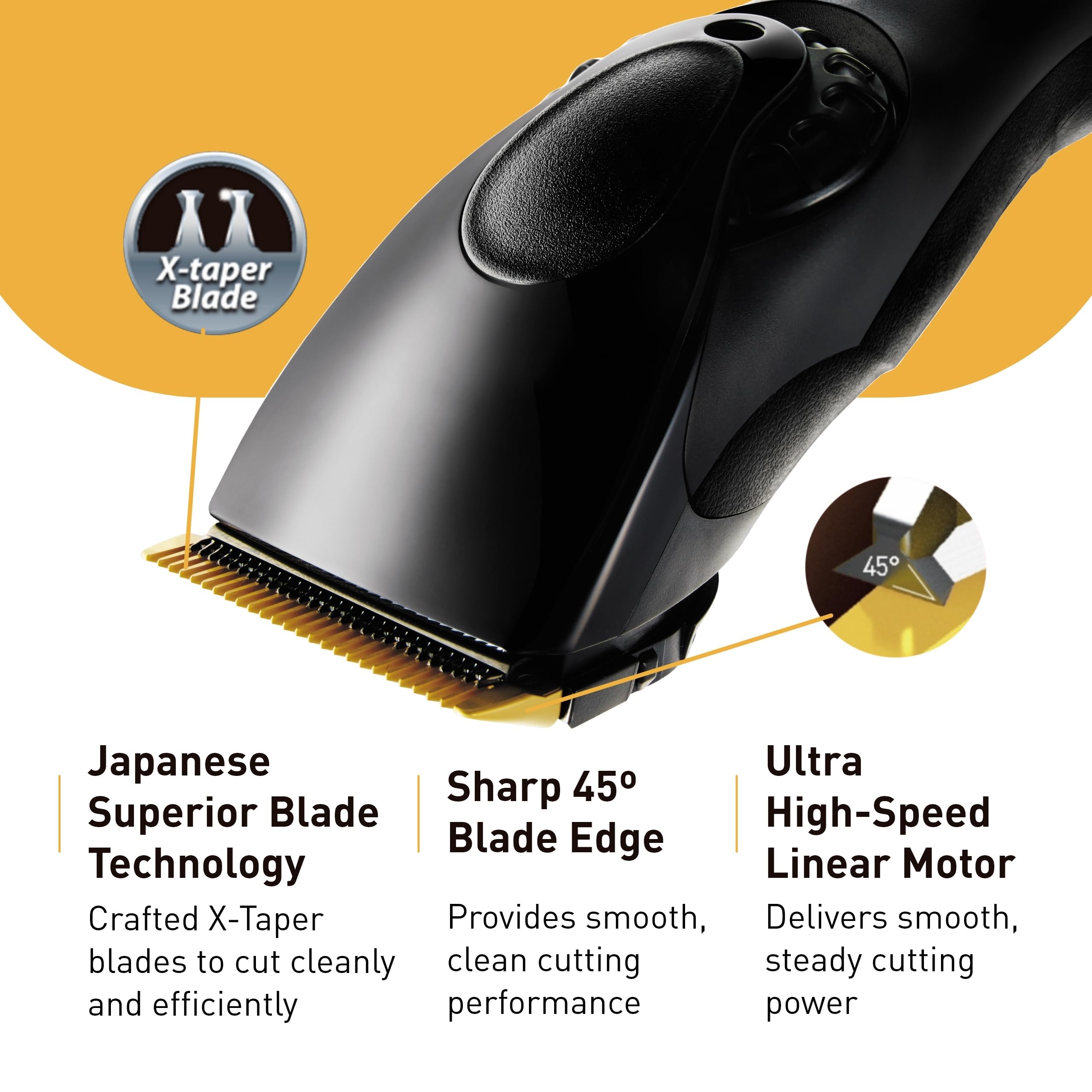 Panasonic ER-GP80 clipping blade at 45-degree angle enables precise edge finishes.