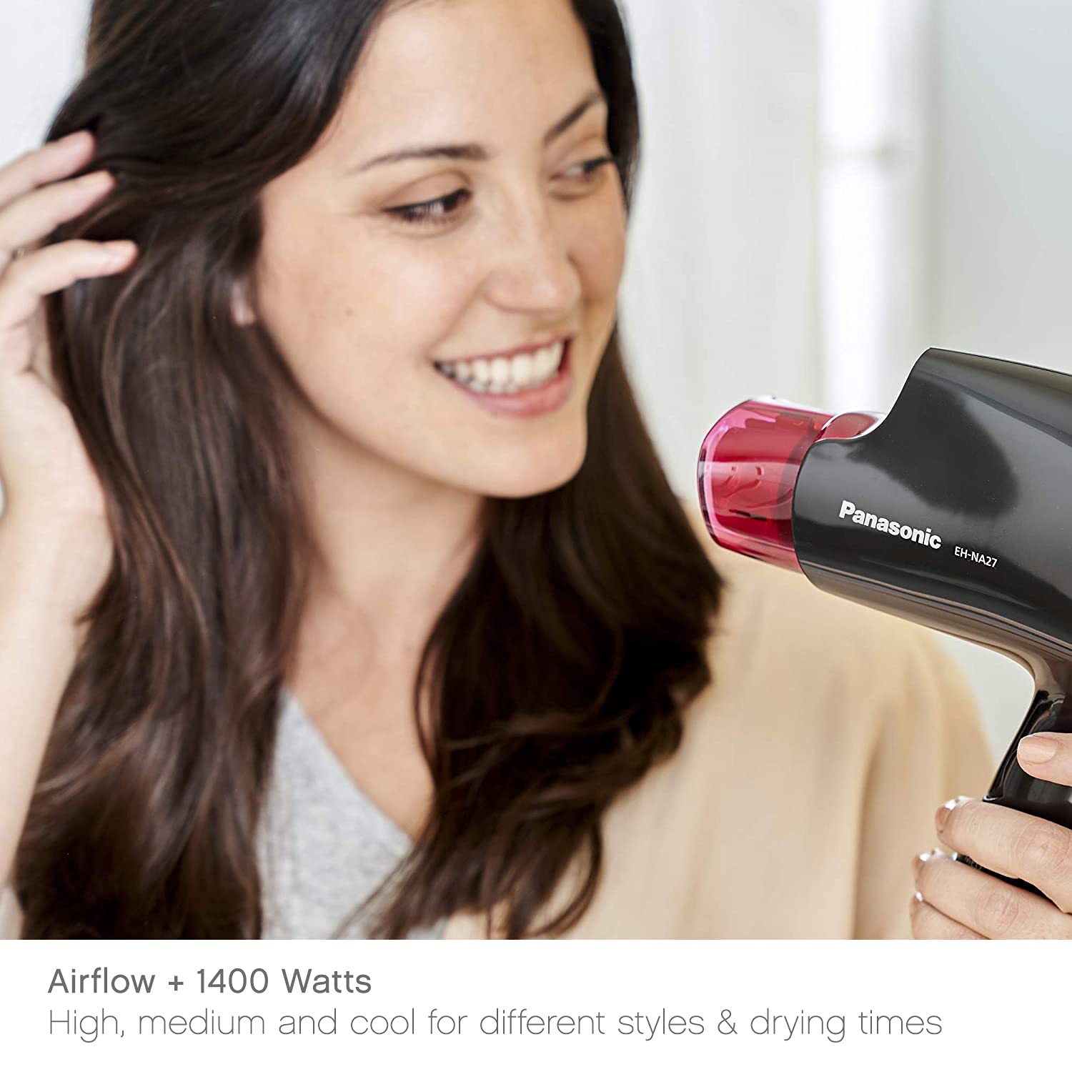 Panasonic nanoe compact hair dryer five-point-five-foot-cord enables flexible styling.