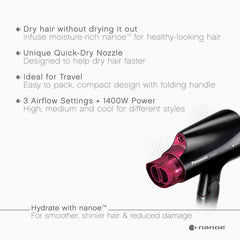 Panasonic nanoe compact hair dryer nanoe-moisture-technology delivers hydrated shine.