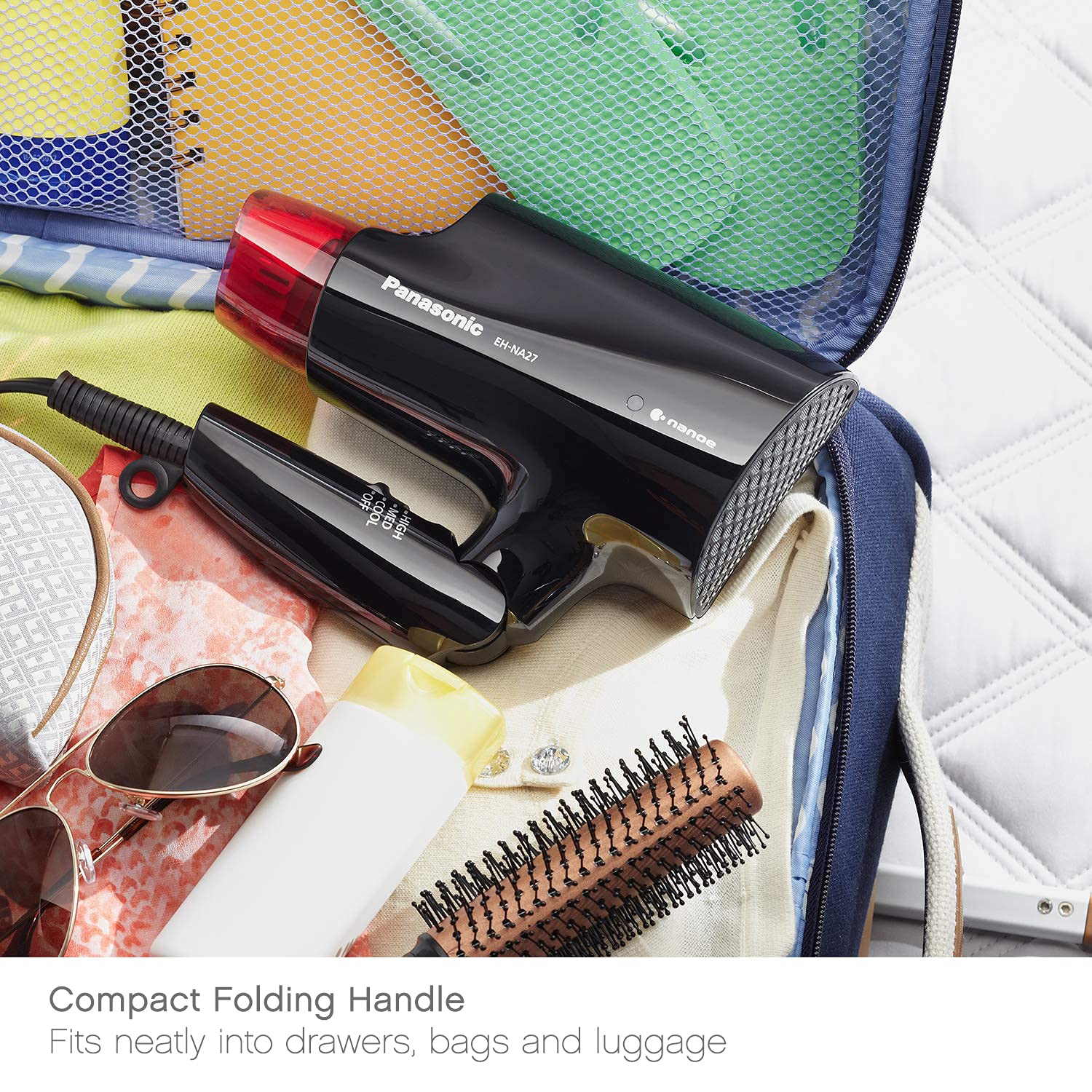 Panasonic nanoe compact hair dryer two-speed-heat-settings for customization.