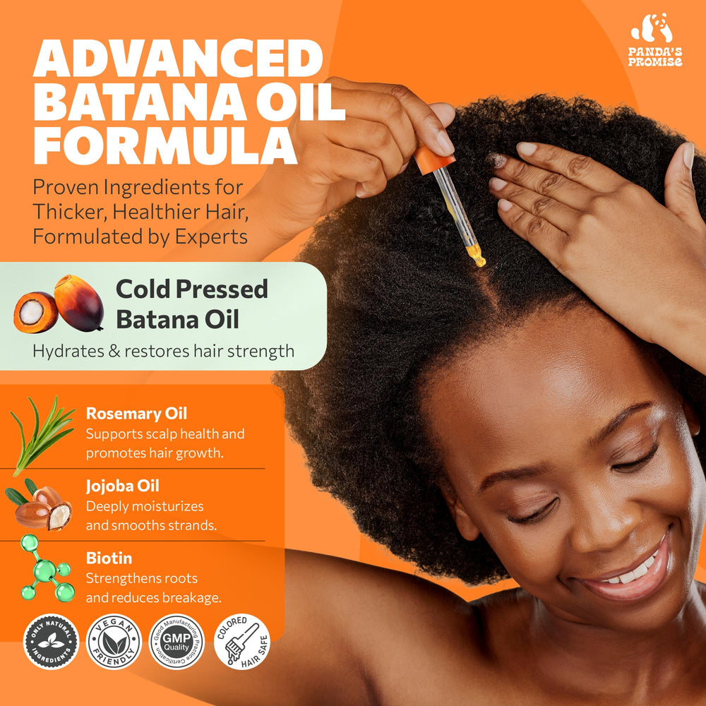 Panda's Promise Batana Oil ingredients glass highlights rosemary and castor for balanced hydration