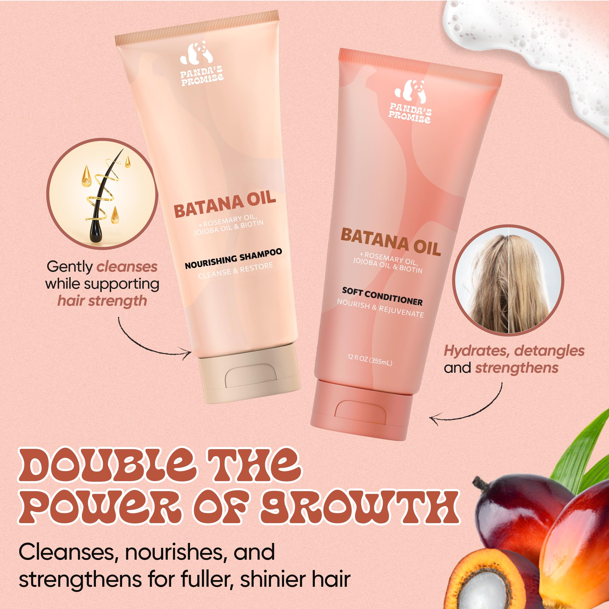 Panda's Promise Batana Oil Shampoo on wet hair enhances curl definition.
