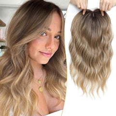 Paneway 16inch wavy curly topper with dark root adds natural volume.